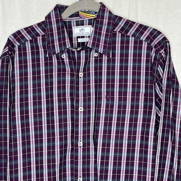 Southern Tide Men Purple Green Plaid Button Front Shirt Size Medium Classic Fit - Picture 1 of 8
